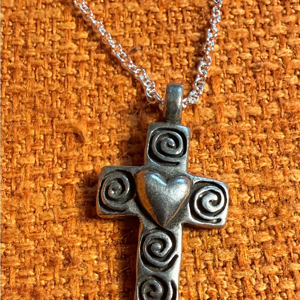 Sterling Silver Heart Cross Pendant Necklace - Silver